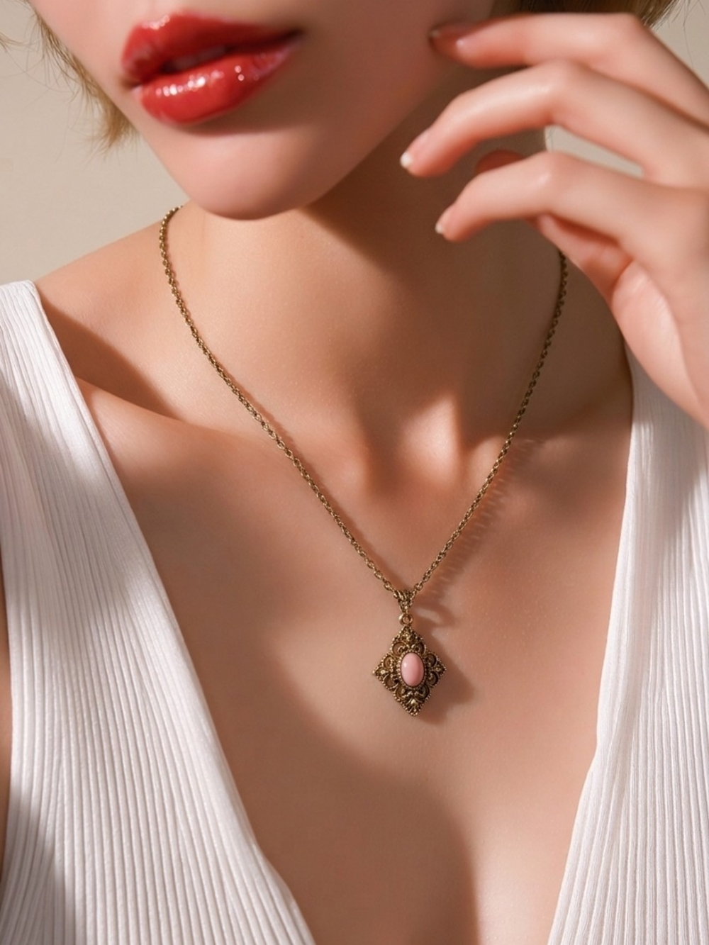 Vintage 1928 Gold Tone Pink Cabochon Pendant Necklace